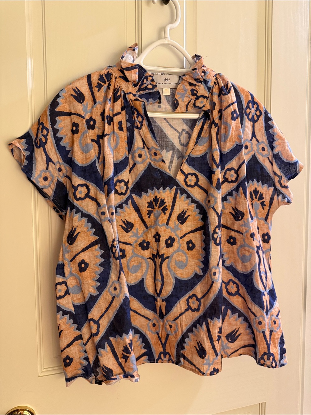 Never a Wallflower Marrakesh Medallion Print Navy and Peach Patterned Blouse
